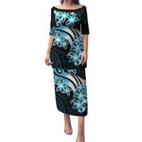 Plumeria Tribal Tattoo Puletasi Blue Polynesian Pattern LT9 Long Dress Blue - Polynesian Pride