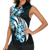Plumeria Tribal Tattoo Women Sleeveless Polo Shirt Blue Polynesian Pattern