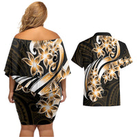 Plumeria Tribal Tattoo Couples Matching Off Shoulder Short Dress and Hawaiian Shirt Gold Polynesian Pattern LT9 - Polynesian Pride