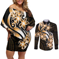 Plumeria Tribal Tattoo Couples Matching Off Shoulder Short Dress and Long Sleeve Button Shirt Gold Polynesian Pattern LT9 Gold - Polynesian Pride