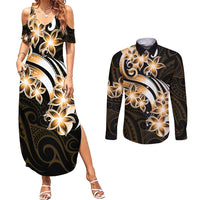 Plumeria Tribal Tattoo Couples Matching Summer Maxi Dress and Long Sleeve Button Shirt Gold Polynesian Pattern LT9 Gold - Polynesian Pride