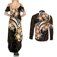 Plumeria Tribal Tattoo Couples Matching Summer Maxi Dress and Long Sleeve Button Shirt Gold Polynesian Pattern LT9 - Polynesian Pride