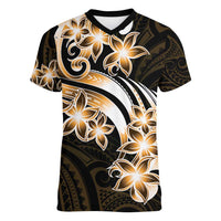 Plumeria Tribal Tattoo Women V-Neck T-Shirt Gold Polynesian Pattern