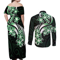 Plumeria Tribal Tattoo Couples Matching Off Shoulder Maxi Dress and Long Sleeve Button Shirt Green Polynesian Pattern LT9 - Polynesian Pride