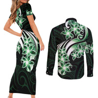 Plumeria Tribal Tattoo Couples Matching Short Sleeve Bodycon Dress and Long Sleeve Button Shirt Green Polynesian Pattern LT9 - Polynesian Pride
