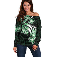 Plumeria Tribal Tattoo Off Shoulder Sweater Green Polynesian Pattern LT9 Women Green - Polynesian Pride