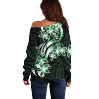 Plumeria Tribal Tattoo Off Shoulder Sweater Green Polynesian Pattern LT9 - Polynesian Pride