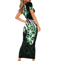 Plumeria Tribal Tattoo Short Sleeve Bodycon Dress Green Polynesian Pattern