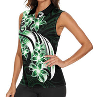 Plumeria Tribal Tattoo Women Sleeveless Polo Shirt Green Polynesian Pattern