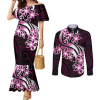 Plumeria Tribal Tattoo Couples Matching Mermaid Dress and Long Sleeve Button Shirt Pink Polynesian Pattern LT9 Pink - Polynesian Pride