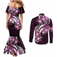Plumeria Tribal Tattoo Couples Matching Mermaid Dress and Long Sleeve Button Shirt Pink Polynesian Pattern LT9 - Polynesian Pride