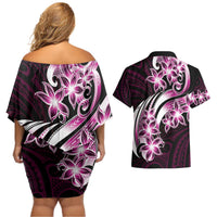 Plumeria Tribal Tattoo Couples Matching Off Shoulder Short Dress and Hawaiian Shirt Pink Polynesian Pattern LT9 - Polynesian Pride