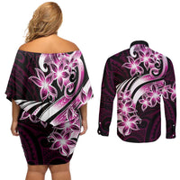Plumeria Tribal Tattoo Couples Matching Off Shoulder Short Dress and Long Sleeve Button Shirt Pink Polynesian Pattern LT9 - Polynesian Pride