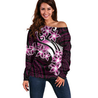 Plumeria Tribal Tattoo Off Shoulder Sweater Pink Polynesian Pattern LT9 Women Pink - Polynesian Pride