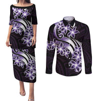 Plumeria Tribal Tattoo Couples Matching Puletasi and Long Sleeve Button Shirt Purple Polynesian Pattern LT9 Purple - Polynesian Pride