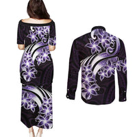 Plumeria Tribal Tattoo Couples Matching Puletasi and Long Sleeve Button Shirt Purple Polynesian Pattern LT9 - Polynesian Pride