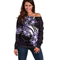 Plumeria Tribal Tattoo Off Shoulder Sweater Purple Polynesian Pattern LT9 Women Purple - Polynesian Pride