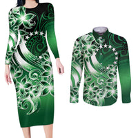 Cook Islands Tattoo Couples Matching Long Sleeve Bodycon Dress and Long Sleeve Button Shirt Plumeria Polynesian Pattern LT9 Green - Polynesian Pride