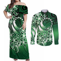 Cook Islands Tattoo Couples Matching Off Shoulder Maxi Dress and Long Sleeve Button Shirt Plumeria Polynesian Pattern LT9 Green - Polynesian Pride
