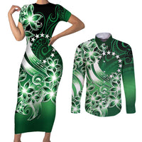 Cook Islands Tattoo Couples Matching Short Sleeve Bodycon Dress and Long Sleeve Button Shirt Plumeria Polynesian Pattern LT9 Green - Polynesian Pride