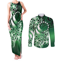 Cook Islands Tattoo Couples Matching Tank Maxi Dress and Long Sleeve Button Shirt Plumeria Polynesian Pattern LT9 Green - Polynesian Pride
