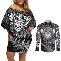 Personalised New Zealand Rugby Couples Matching Off Shoulder Short Dress and Long Sleeve Button Shirts Silver Fern All Black Mix Ta Moko White Style LT9 White - Polynesian Pride