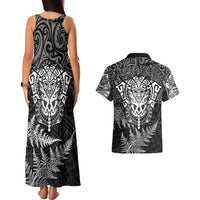 Personalised New Zealand Rugby Couples Matching Tank Maxi Dress and Hawaiian Shirt Silver Fern All Black Mix Ta Moko White Style LT9 - Polynesian Pride
