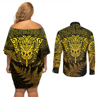 New Zealand Rugby Couples Matching Off Shoulder Short Dress and Long Sleeve Button Shirts Silver Fern All Black Mix Ta Moko Gold Style LT9 - Polynesian Pride