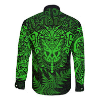 New Zealand Rugby Long Sleeve Button Shirt Silver Fern All Black Mix Ta Moko Green Style LT9 - Polynesian Pride