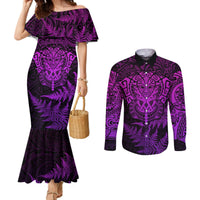 New Zealand Rugby Couples Matching Mermaid Dress and Long Sleeve Button Shirts Silver Fern All Black Mix Ta Moko Purple Style LT9 Purple - Polynesian Pride