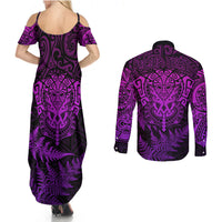 Personalised New Zealand Rugby Couples Matching Summer Maxi Dress and Long Sleeve Button Shirts Silver Fern All Black Mix Ta Moko Purple Style LT9 - Polynesian Pride