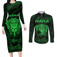 Personalised New Zealand Rugby Couples Matching Long Sleeve Bodycon Dress and Long Sleeve Button Shirts Aotearoa Ka Mate Haka All Black Mix Ta Moko Green Style LT9 Green - Polynesian Pride