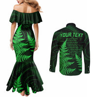 Personalised New Zealand Rugby Couples Matching Mermaid Dress and Long Sleeve Button Shirts Aotearoa Ka Mate Haka All Black Mix Ta Moko Green Style LT9 - Polynesian Pride