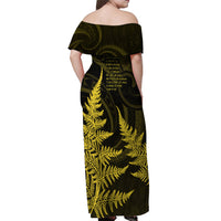 Personalised New Zealand Rugby Off Shoulder Maxi Dress Aotearoa Ka Mate Haka All Black Mix Ta Moko Gold Style LT9 - Polynesian Pride