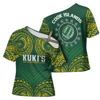 World Rugby Cook Islands Cross Shoulder Shirt Green Polynesian Tribal Pattern - Polynesian Pride