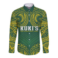 World Rugby Cook Islands Long Sleeve Button Shirt Green Polynesian Tribal Pattern - Polynesian Pride