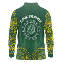 World Rugby Cook Islands Long Sleeve Polo Shirt Green Polynesian Tribal Pattern - Polynesian Pride