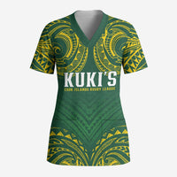 World Rugby Cook Islands Scrub Top Green Polynesian Tribal Pattern - Polynesian Pride