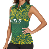 World Rugby Cook Islands Women Sleeveless Polo Shirt Green Polynesian Tribal Pattern - Polynesian Pride