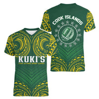 World Rugby Cook Islands Women V-Neck T-Shirt Green Polynesian Tribal Pattern LT9 - Polynesian Pride