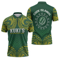 World Rugby Cook Islands Zipper Polo Shirt Green Polynesian Tribal Pattern LT9 - Polynesian Pride