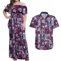 Guam Felis Pasgua Couples Matching Off Shoulder Maxi Dress and Hawaiian Shirt Pacific Patchwork Xmas Vibes LT9 Blue - Polynesian Pride