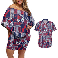 Guam Felis Pasgua Couples Matching Off Shoulder Short Dress and Hawaiian Shirt Pacific Patchwork Xmas Vibes LT9 Blue - Polynesian Pride