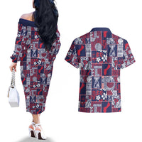 Guam Felis Pasgua Couples Matching Off The Shoulder Long Sleeve Dress and Hawaiian Shirt Pacific Patchwork Xmas Vibes - Polynesian Pride