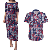 Guam Felis Pasgua Couples Matching Puletasi and Hawaiian Shirt Pacific Patchwork Xmas Vibes LT9 Blue - Polynesian Pride