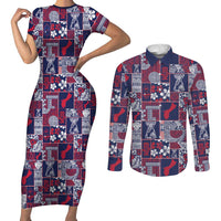 Guam Felis Pasgua Couples Matching Short Sleeve Bodycon Dress and Long Sleeve Button Shirt Pacific Patchwork Xmas Vibes LT9 Blue - Polynesian Pride