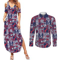 Guam Felis Pasgua Couples Matching Summer Maxi Dress and Long Sleeve Button Shirt Pacific Patchwork Xmas Vibes LT9 Blue - Polynesian Pride