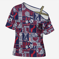 Guam Felis Pasgua Cross Shoulder Shirt Pacific Patchwork Xmas Vibes LT9 Female Blue - Polynesian Pride