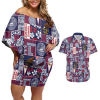 Manuia le Kerisimasi American Samoa Couples Matching Off Shoulder Short Dress and Hawaiian Shirt Pacific Patchwork Xmas Vibes LT9 Blue - Polynesian Pride