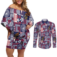 Manuia le Kerisimasi American Samoa Couples Matching Off Shoulder Short Dress and Long Sleeve Button Shirt Pacific Patchwork Xmas Vibes - Polynesian Pride